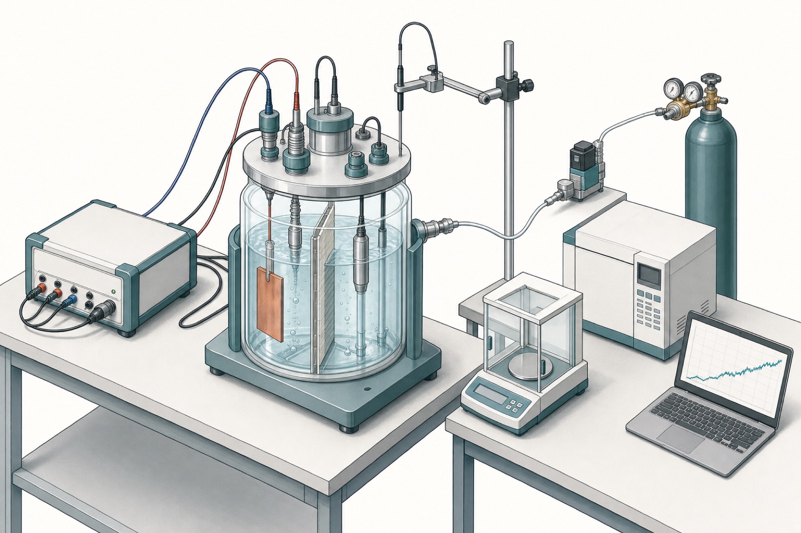 Technical illustration of the Gate-1 bench: 10 L divided cell with removable cartridge, potentiostat, transducers, hydrophone arm, CO2 line, GC and balance