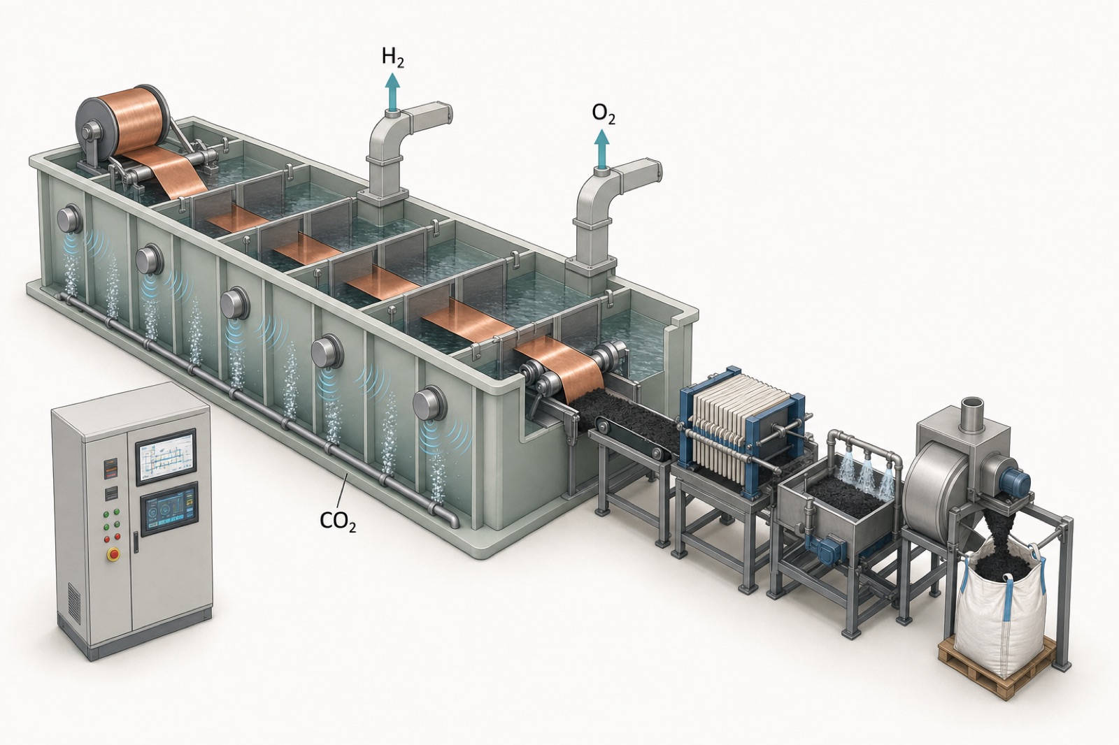 Isometric technical illustration of the divided-cell electrolytic carbon black line: copper web cathode, separator compartments, acoustic transducers, segregated H2 and O2 takeoffs, finishing train to big-bag