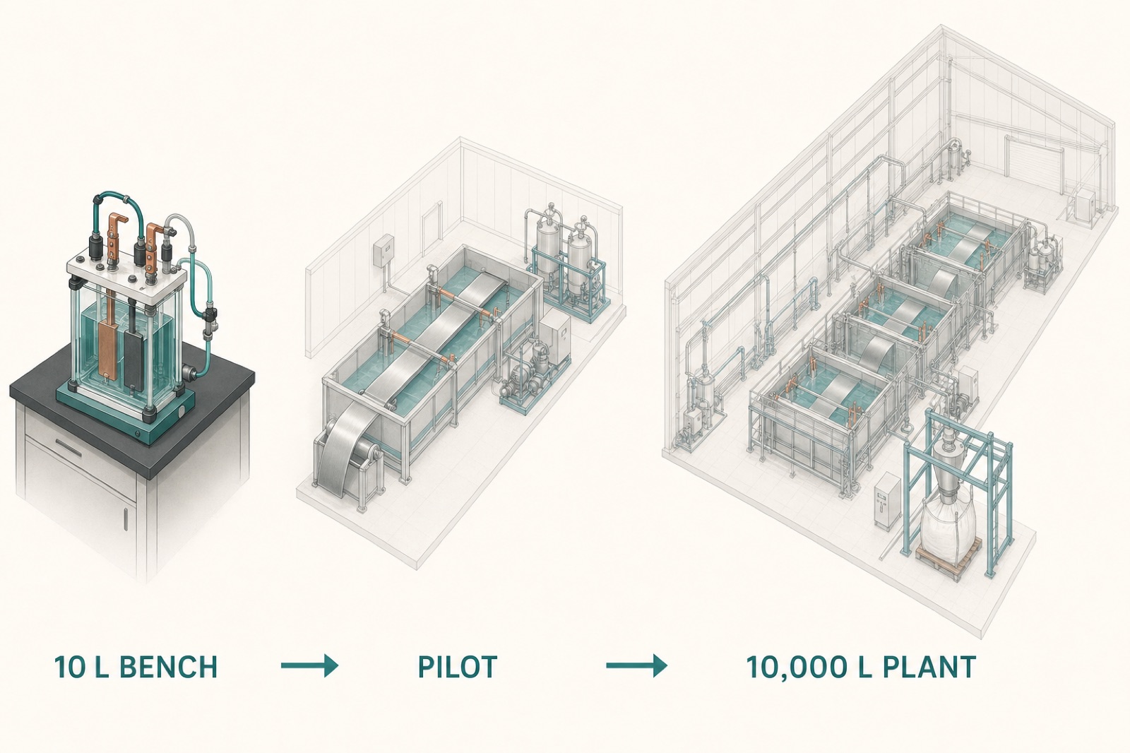 Three-panel scale progression: 10 liter bench, pilot line, 10,000 liter plant